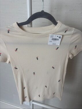 NWT American Eagle Ribbed Cream Short-Sleeve Top with Pink Floral Embroidery